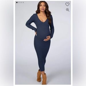 Pinkblush Maternity Blue V-Neck Long Sleeve Fitted Maternity Maxi Dress